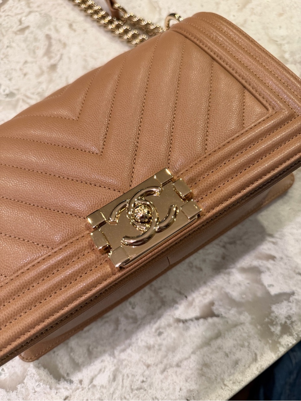 CHANEL Chevron Quilted Shoulder Bag in Tan with Gold Hardware - Picture 1 of 9
